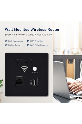 Maiyame Duvar Kurulu Siyah Wifi Router 300m Ap, Usb Şarj Portlu, Kablosuz Erişim Noktası, Stabil Performanslı