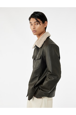 Koton Uzun Kollu Kapaklı Cep Detaylı Slim Fit Peluş Yaka Suni Deri Ceket Kahverengi 6wam20128hw Kahverengi