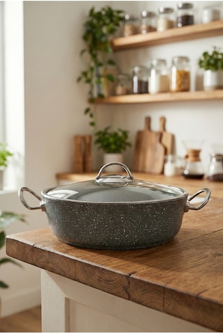 Bonetti Granit Pilav Tenceresi & Karnıyarık Tenceresi Cam Kapaklı, Metal Kulp 26 Cm Gri