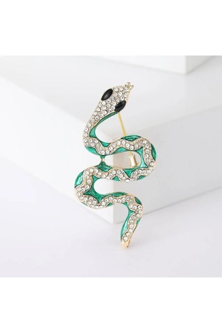 Mufunye Зеленый Змеиный Дизайн Брошь С Искусственным Горным Хрусталем - Повседневный Ювелирный Украшение Çok Renkli