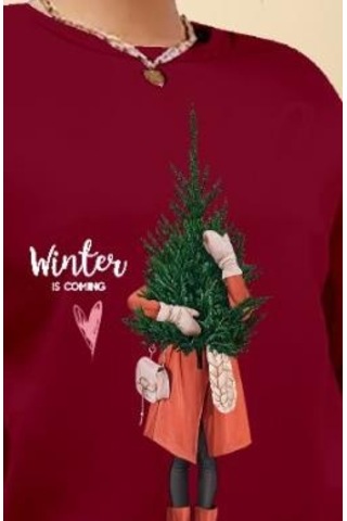 Kadın Uzun Kollu Bisiklet Yaka Desenli Viskon Iki Iplik Bluz Bordo