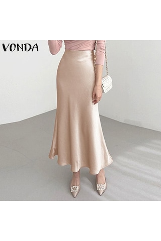 Vonda Kadın Yaz Yüksek Bel Düz Renk Bol Kloş Etek Siyah