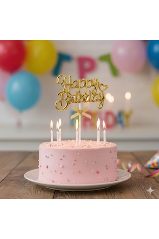 Happy Birthday Pasta Süsü Krom Yazı Kürdanlı Gold Dekoratif Pasta Üstü +3
