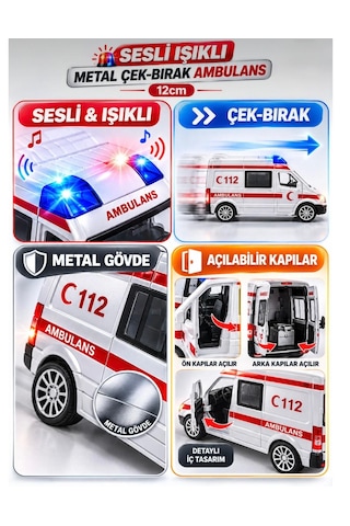 Oyuncak Metal Işıklı Sesli Çek Bırak Özellikli Ön Ve Arka Kapılar Açılır Ambulans-polis-itfaiye-askeri Jandarma Minibüsü 12 Cm Beyaz