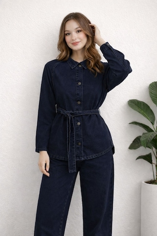 Hiramir Kadın Modern Kesim Kuşaklı Denim Takım Yz2601 Lacivert