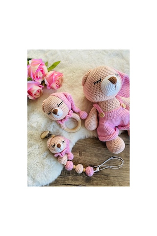 Adenya Sepeti Masala Ayıcık Set Pembe Renk Örgü Amigurumi Oyuncak + Diş Kaşıyıcı + Emzik Askısı