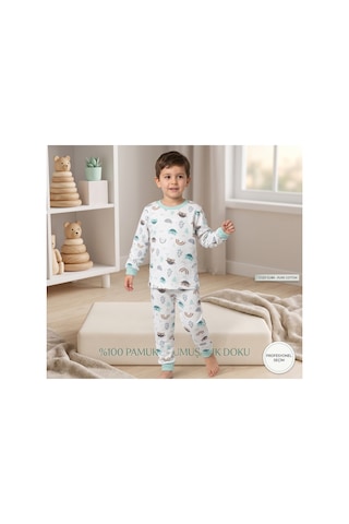 Deniva Kids Erkek Çocuk %100 Pamuklu Sevimli Hayvan Desenli Uzun Kollu Pijama Takımı Ekru