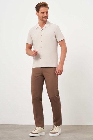 Morven Erkek Bej Viscon Apaçi Yaka Regular Fit Kısa Kol Gömlek Bej