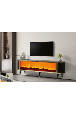 Bera Sonata - Gold Şömineli Ceylan Tv Sehpası Gold - Siyah