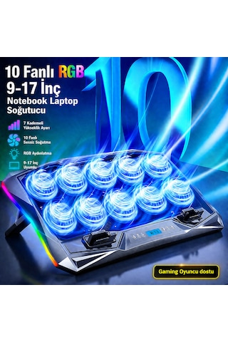 Rgb Işıklı 10 Fanlı Lcd Ekranlı Notebook Laptop Soğutucu Yükseklik Ayarlı 9-17 İnç 2 Usb Girişli Soğutucu