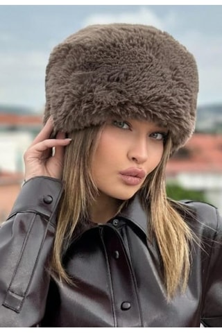 Mollycrush Kışlık Trend Peluş Kahve Suni Kürk Kalpak Şapka Slav Kazak Rus Tarzı Kahverengi