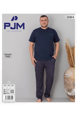 Pijamoni Erkek Battal Düğme Yaka Penye Kısa Kol Pijama Takımı 6730/6 - 1 Adet Lacivert