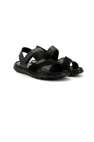 Gönderi R Siyah Cırtlı Çapraz Bantlı Hakiki Deri Sandalet Siyah
