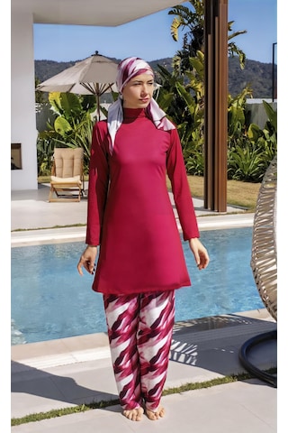 Mayom Bol Pantolonlu Tam Kapalı Desenli Tesettür Mayo - 2535 Bordo