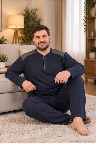 Seboteks İnterlok Kumaş Yakası Düğmeli Uzun Kollu Büyük Beden Erkek Pijama Takımı 8585 Koyu Lacivert