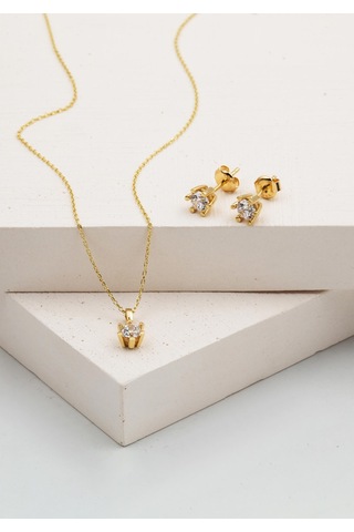 Bilezikci Tek Taşlı 14 Ayar Kolye Küpeli Altın Set