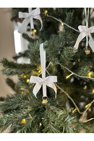 Yılbaşı Simli Beyaz Kadife Kurdeleli Zilli Zincir Lüks Noel Çam Ağacı Süsü 5 Adet