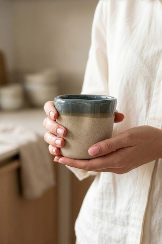 Must Siyah Beyaz Stoneware El Yapımı Mug Fincan 2li Set 8635 Mavi