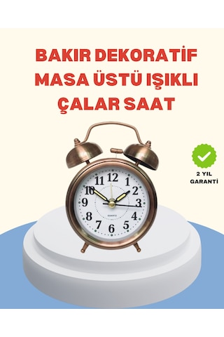 Metal Bronz Nostaljik Masa Saati Alarmlı Büyük Boy Sessiz Mekanizmalı Gri - Siyah