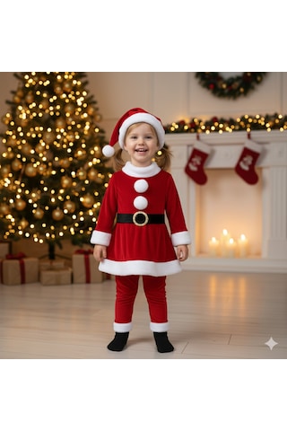 2 3 Yaş Kız Çocuk Noel Baba Kostümü Şapkalı Ve Kemerli Yılbaşı Elbise Seti Diğer
