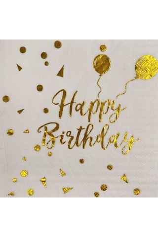 Peçete Varaklı Happy Birthday Yazı Beyaz Üstü Gold
