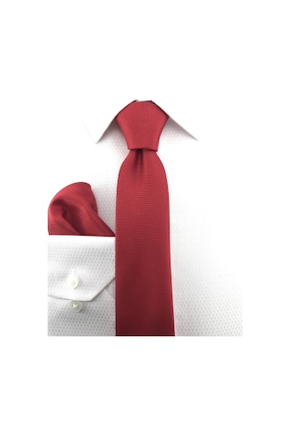 Pierroni Kırmızı Oxford Desen Mendilli Kravat Kırmızı