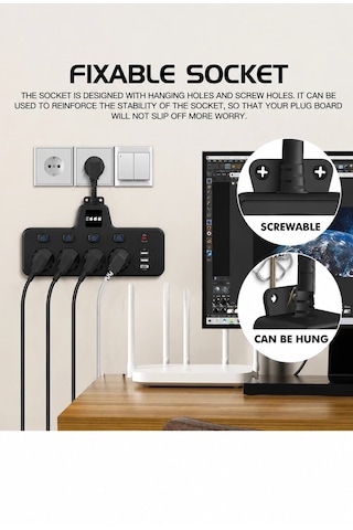 Termal Akım Korumalı 4 Lü Duvar Tipi Priz 2x Usb 2x Type-c Çıkışlı Grup Priz Çoğaltıcı Siyah 2500w 0-2