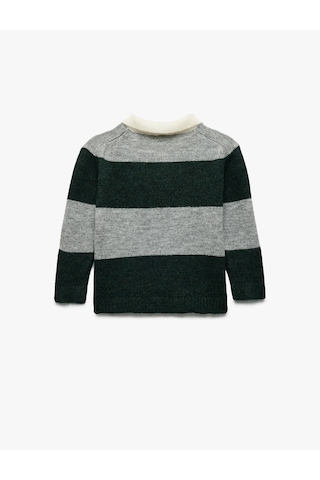 Koton Uzun Kollu Renk Bloklu Düğmeli Polo Yaka Triko Kazak Gri Çizgili 6wmb90002tt Gri Çizgili