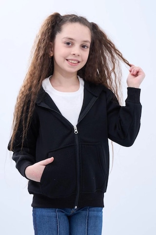 Moda Kız Çocuk Kapüşonlu Kanguru Cepli Tam Fermuarlı Hırka Sweatshirt - Siyah Çok Renkli