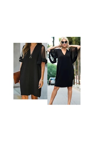 Kadın Tüllü Kısa Kollu V Yaka Krep Elbise Siyah