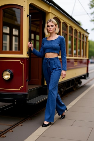 Benerly Kadın Alt Üst Koyu Yumoş Örme Crop Ve Geniş Paça Pantolon Takım F Indigo