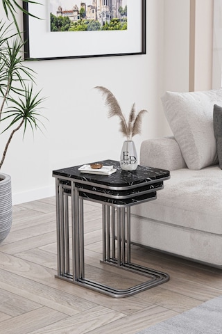 Lyon 3'lü C Zigon Sehpa Gümüş Metal - Siyah Mermer Tabla