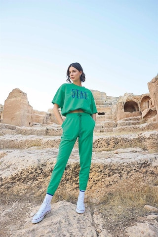 Monamise Kadın Kısa Kollu "stay Strong" Crop Eşofman Takımı 23086 Yeşil
