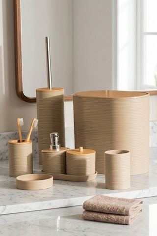 Porsima 4533 8 Parça Banyo Seti - Bambu Kapaklı Çöp Kovası, Sabunluk, Diş Fırçalığı Ve Wc Fırçası Kapicino Açık Kahverengi