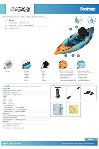 Hydro-force 65180 Surge Elite X1 Tek Kişilik Kano Seti 3.12m X 94cm X 30cm