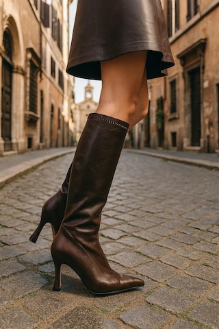 Diz Altı Streç Kadın Topuklu Çizme Kahverengi