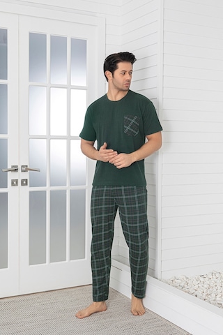 Sude Homewear Erkek Ekoseli Cepli Kısa Kollu Pijama Takımı Haki
