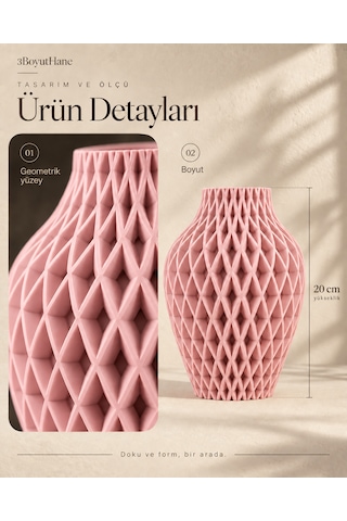Baklava Desenli Dekoratif Vazo 20 Cm Kuru Çiçeklik Pembe