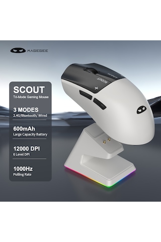Magegee Scout & Rgb Dock Station 12.000dpı Paw3311 Triple Mode Kablolu/bluetooth/2.4g Beyaz Gaming Mouse -