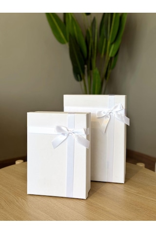 Kolix Dekoratif Beyaz Fiyonklu 2 Li Hediye Kutusu Seti Sert Mukavva Hediye Kutusu