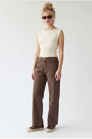 Mixray 2128 Kadın İnce Mevsimlik Yüksek Bel Wide Leg Denim Pantolon Kahve