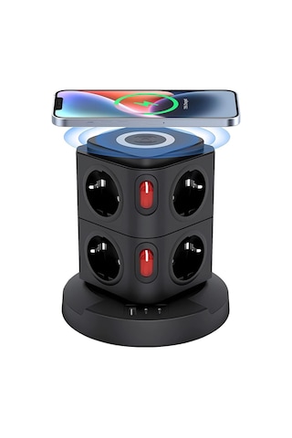 Akım Korumalı Priz Kablosuz Şarj İstasyonu 8xsoket 1xusb 2xtype-c 2 Mt Kablolu Grup Priz Çoğaltıcı 2 M