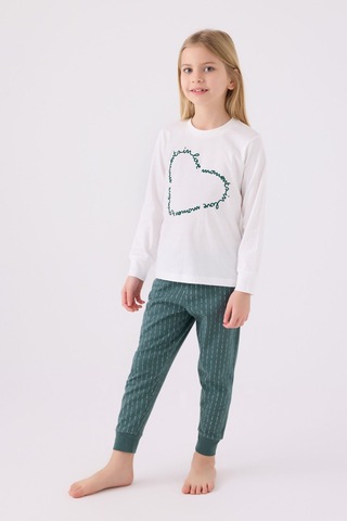 Kız Çocuk Beyaz Uzun Kol Pijama Takım Krem