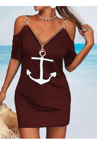 The İstanbul Fermuar Detay Çıpa Baskılı Zincir Askılı Iki Iplik Elbise - Bordo Bordo