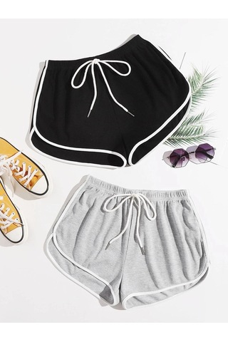 Siyah-gri 2'li Yırtmaçlı Şeritli Bermuda Penye Şort - Penye Kordonlu Siyah-gri