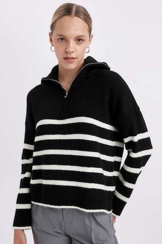 DeFacto Oversize Geniş Kalıp Çizgili Yarım Fermuarlı Dik Yaka Triko Kazak A7173AX24WNBK26 Siyah