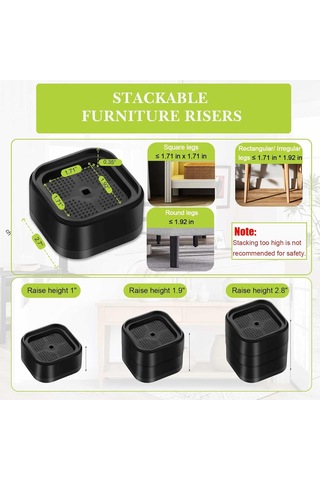 Hombey 8 Adet Yüksek Dayanıklı Masa Sandalye Divan Yükseklik Artırıcı, 1-3 İnç Ayarlanabilir, Siyah Plastik Mobilya Raise Blokları