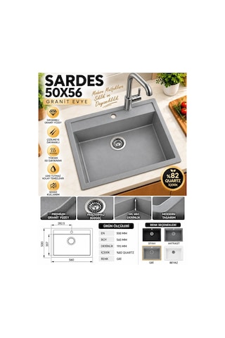Granit Evye Sardes Series Beyaz Renk En:50 Mm Boy :61 Mm Derinlik :195 Mm