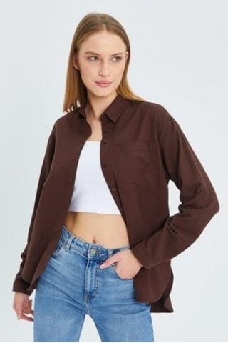 9942 Kadın Oxford Uzun Kol Basic Gömlek Kahve Kahve