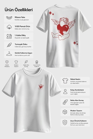 Spoyi Angel Heart Tasarımlı %100 Pamuk Yarım Oversize Beyaz T-shirt
